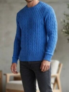 Thane Blue Cable Knit Pullover Crewneck Cotton Sweater M Coastal Grandfather